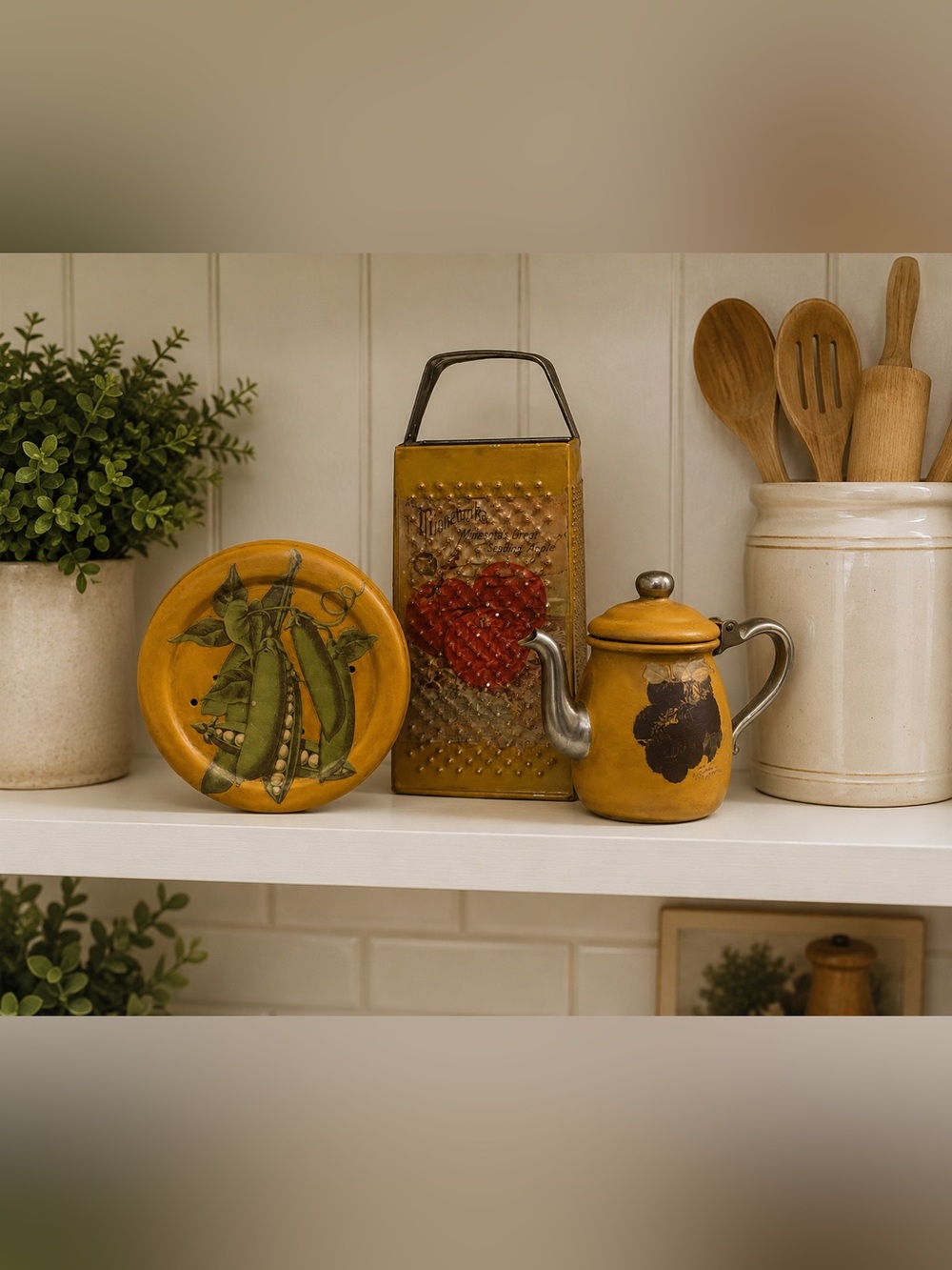 Painted Vintage Yellow Kitchen Set -Grater, Creamer teapot and Coriander.